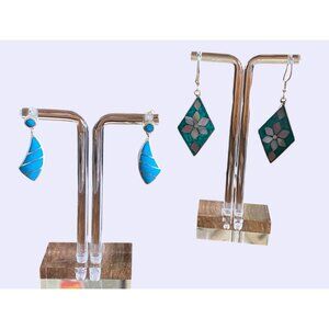 Vintage Alpaca Mexico 925 Sterling Silver & Inlay Earrings Set